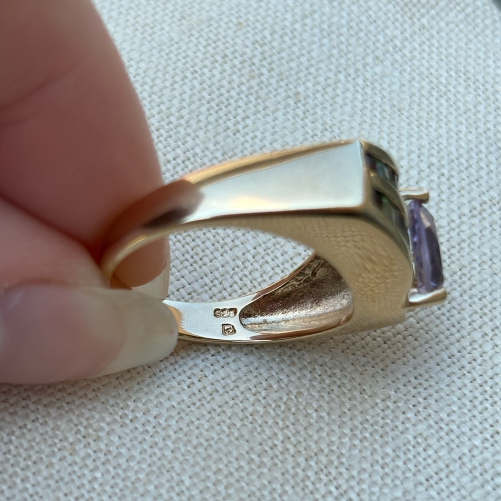 Gold Over Sterling Silver Rainbow Multi Stone Statement Ring - Picture 5 of 8